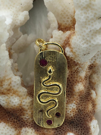 High Quality Brass CZ Snake Medallion, Snake Pendant, Gold plating, Garnet CZ 33mm x 12mm. Fast Ship