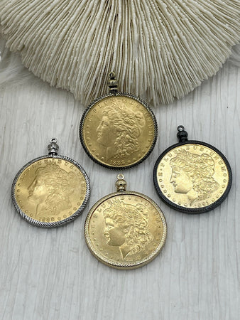 Reproduction Coin Pendant 39mm, Gold Plated. Liberty Coin, Vintage Coin, 4 bezel colors. Fast Shipping