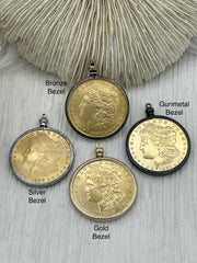 Reproduction Coin Pendant 39mm, Gold Plated. Liberty Coin, Vintage Coin, 4 bezel colors. Fast Shipping