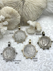 Reproduction Coin Pendant, Liberty Peace Dollar Coin Pendant, Coin Bezel, Vintage Coin Pendant, Silver Coin, 3 bezel colors. Fast Ship