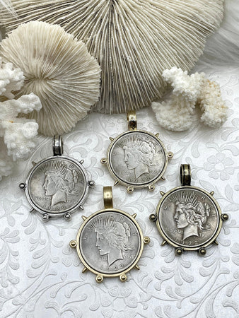 Reproduction Coin Pendant, Liberty Peace Dollar Coin Pendant, Coin Bezel, Vintage Coin Pendant, Silver Coin, 3 bezel colors. Fast Ship