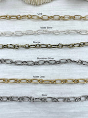 Textured Mixed Size Cable Chain Oval sold by the foot. Electroplated Base Metal, 6 Finishes. Links: 11.2mm x 6mm and 7mm x 5.6mm. Fast ship