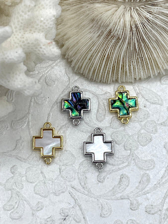 Mother of Pearl and Abalone Connector Cross Charms, Abalone Charms, Gold or Silver Plated Brass, Mother of Pearl Connector Charms, Fast Ship