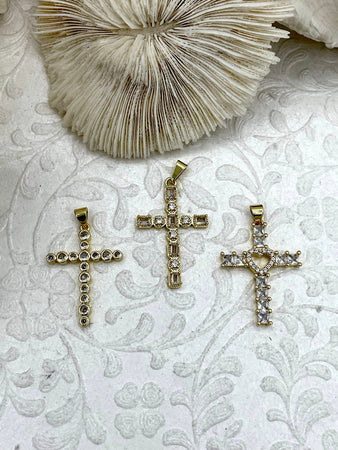 Gold Cross Charms with Cubic Zirconia, Gold Religious Cross, Brass Cross Charm, Gold Cross Pendant with clear CZ, 3 styles, Fast Ship