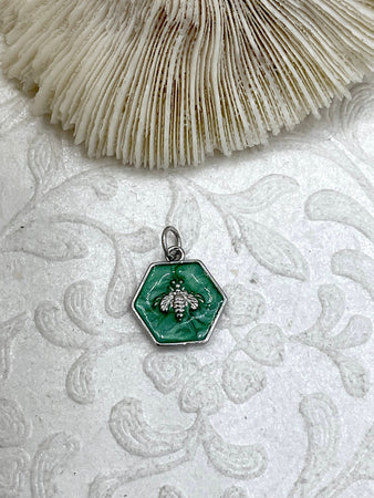 Green Enamel and Silver Bee Pendants, Bee Charm, Hexagon Charm w/ Green Enamel, Enamel and Plated Brass, Green Enamel Bee Charm. Fast Ship.