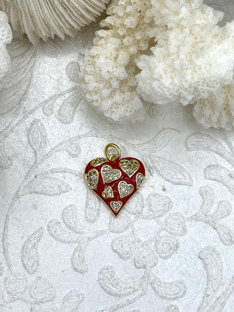 Red Enamel and Gold Heart Pendants with CZ, Gold Heart Charm, Red Enamel and Gold Plated Brass Pendants, Cubic Zirconia, Fast Ship.