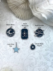 Black and Light Blue Enamel Charms CZ Micro PAVE Charm Pendant BRASS. Silver plating. Star, Moon, Arrow. 5 styles. Fast Ship