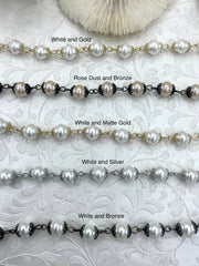 Vintage Porcelain Glass Pearl Freshwater Replica Beaded Chain,9mm Rosary Chain,White or Rose Dust.High Luster.Sold by the Foot Fast Shipping