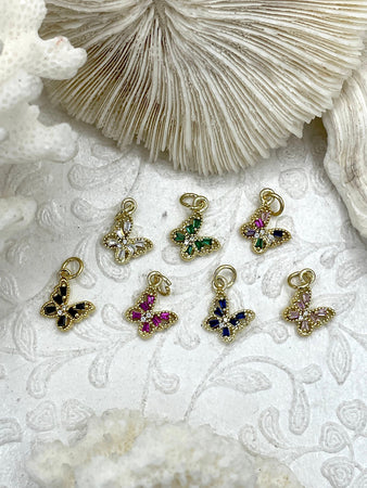 Dainty Gold Butterfly Charms with Colorful CZ, 7 Colors, Made of Gold Plated Brass Brass and Cubic Zirconia Butterfly Pendants. Fast Ship