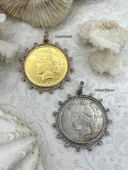 Reproduction Coin Pendant, Liberty Peace Dollar Coin Pendant, Coin Bezel, Vintage Coin Pendant, Coin Bezel CZ . Fast Ship