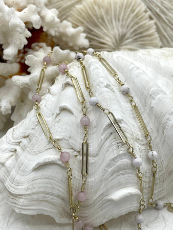 Rose Quartz and Howlite Rosary Chain, Gold wire links, plated brass, 4.5mm round stone beaded chain, sold by the foot, Fast Ship