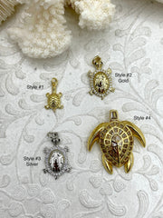 Micro Pave CZ Turtle Charm, Clear CZ Micro Pave Turtle Pendant/Charm, Pave Turtle Shape, 4 Styles, Gold and Silver, Fast Shipping