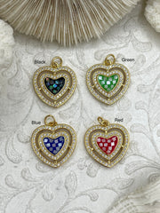 Heart Shaped Enamel and Gold CZ Pendants, Enamel and Gold Plated Brass, Cubic Zirconia, 4 Colors, 19mm Charms. Fast Ship.