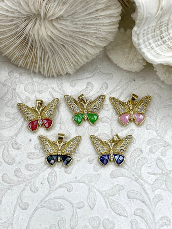 Colorful Enamel and Gold Butterfly Pendants with CZ, Gold Butterfly Charm, 5 Colors, Enamel and Gold Plated Brass Pendants, Fast Ship.