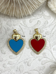 Heart Shaped Blue and Red Enamel and Gold Pendants with CZ, Cubic Zirconia, Blue or Red Enamel Heart, Gold Plated Brass, Fast Ship.