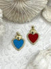 Image of Heart Shaped Blue and Red Enamel and Gold Pendants with CZ, Cubic Zirconia, Blue or Red Enamel Heart, Gold Plated Brass, Fast Ship.