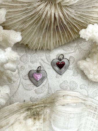 Heart Shaped Enamel and Silver Pendants, Enamel and Plated Brass, 2 Colors, Red and Pink, Silver and Enamel Heart Charms. Fast Ship.