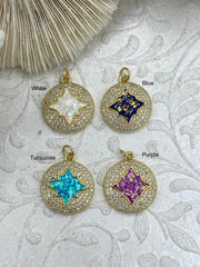 Gold Charms with Glitter Enamel and CZ, 4 Colors, Turquoise, Purple, White, Blue, Brass Charms, Cubic Zirconia, Glitter Enamel, Fast Ship