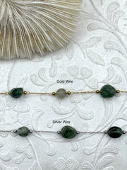 Green Aventurine Beaded Rosary Chains, Natural Stone, 2 Wire Colors. Unique Shape Beads, Gold or Silver Wire, Sold by the foot. Fast ship