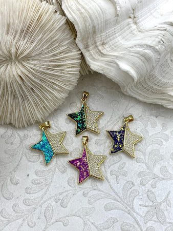 Gold Star Charms with Glitter Enamel and CZ, 4 Colors, Black, Purple, Blue, and Turquoise, Brass Charms, Cubic Zirconia, Glitter, Fast Ship