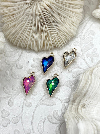 Crystal Pendants and Charms, Heart Shaped Crystals with Gold. 4 Colors, Blue, Pink, Green and Clear, Heart Shaped Pendants, Fast Ship