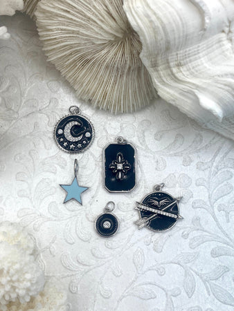 Black and Light Blue Enamel Charms CZ Micro PAVE Charm Pendant BRASS. Silver plating. Star, Moon, Arrow. 5 styles. Fast Ship