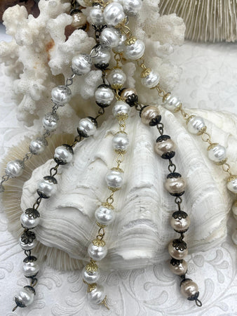 Vintage Porcelain Glass Pearl Freshwater Replica Beaded Chain,9mm Rosary Chain,White or Rose Dust.High Luster.Sold by the Foot Fast Shipping