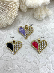 High Quality Brass Colorful Enamel Heart Pendants with CZ, CZ Micro PAVE Charm, 3 Colors, Black, Purple, and Pink, Fast Shipping