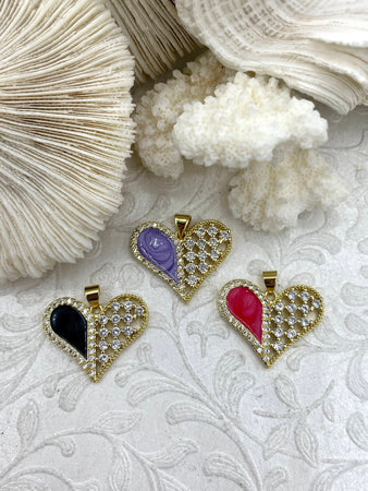 High Quality Brass Colorful Enamel Heart Pendants with CZ, CZ Micro PAVE Charm, 3 Colors, Black, Purple, and Pink, Fast Shipping