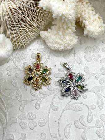 CZ Micro PAVE Flower Shape Charms, Colorful Cubic Zirconia Flower Charms, Multicolor CZ Flower Charms, Gold or Silver Plated, Fast Ship