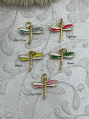 Dragonfly Shaped Enamel and Gold Pendants, Enamel and Gold Plated Brass, 5 Colors,Lt Blue, Lt Pink, Green, Yellow, and Hot Pink. Fast Ship.