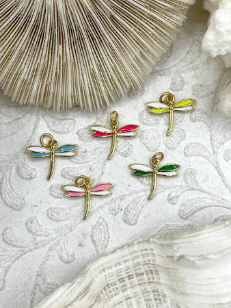 Dragonfly Shaped Enamel and Gold Pendants, Enamel and Gold Plated Brass, 5 Colors,Lt Blue, Lt Pink, Green, Yellow, and Hot Pink. Fast Ship.