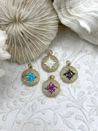 Gold Charms with Glitter Enamel and CZ, 4 Colors, Turquoise, Purple, White, Blue, Brass Charms, Cubic Zirconia, Glitter Enamel, Fast Ship