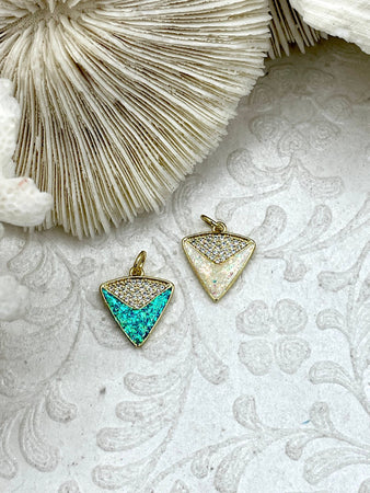 Gold Triangle Charms with Glitter Enamel and CZ. 2 Colors, Turquoise and White, Brass Charms, Cubic Zirconia, Glitter Enamel, Fast Ship