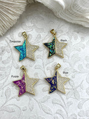 Gold Star Charms with Glitter Enamel and CZ, 4 Colors, Black, Purple, Blue, and Turquoise, Brass Charms, Cubic Zirconia, Glitter, Fast Ship