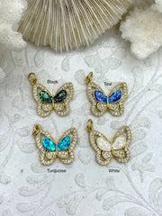 Gold Butterfly Charms with Glitter Enamel and CZ, 4 Colors, Gold Plated Brass and Clear Cubic Zirconia Bee Pendants. Fast Ship