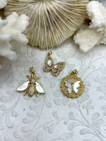 Mother of Pearl Bee and Butterfly CZ Charms, 3 styles, Gold Plated Brass Charms, Bee or Butterfly, Cubic Zirconia,Mother of Pearl, Fast Ship