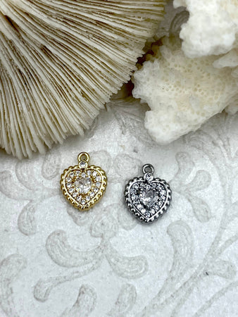 Heart Shaped Pendants with CZ, Gold or Silver Charms with Cubic Zirconia, Heart Shape Cubic Zirconia, Gold or Silver Heart Charm. Fast Ship.