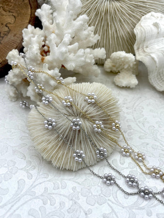 Faux Pearl Flower Beaded Rosary Chain, White Pearls Flower Shape With Gold or Silver Plated Brass Wire, Sold by the foot, Fast Ship