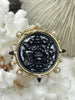 Image of French Le Monde Pendant, French Pendant, French Coin, Black Spike and Round Pearl Accents, Silver Le Monde Coin, Gold Bezel, Fast Ship