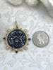 Image of French Le Monde Pendant, French Pendant, French Coin, Black Spike and Round Pearl Accents, Silver Le Monde Coin, Gold Bezel, Fast Ship