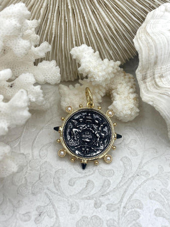 French Le Monde Pendant, French Pendant, French Coin, Black Spike and Round Pearl Accents, Silver Le Monde Coin, Gold Bezel, Fast Ship