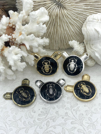 Black Enamel Scarab Pendants, Enamel and Plated Zinc Alloy, Scarab Charms, 5 finishes available, 35mm Pendant, Scarab Jewelry. Fast Ship.