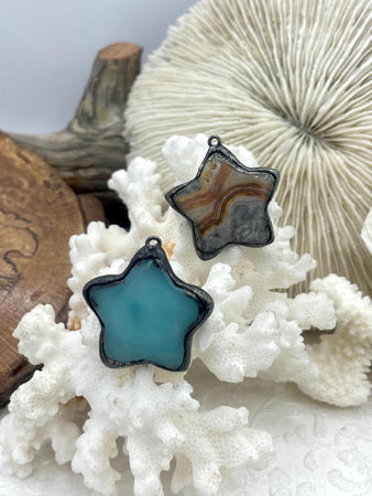 Soldered Natural Stone Pendants, Star Shaped Stone Pendants with Gunmetal Soldering, Crazy Lace Agate or Amazonite Natural Stone. Fast Ship.