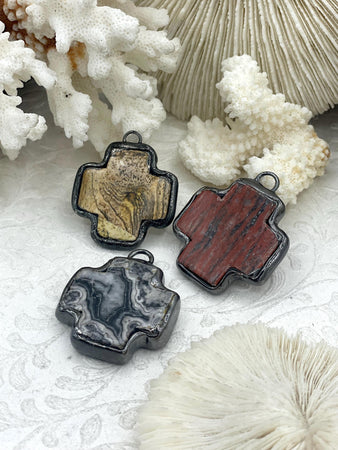 Soldered Natural Stone Pendants, Cross Shaped Stone Pendants with Gunmetal Soldering, 3 Natural Stone Types, Stone Pendants. Fast Ship.