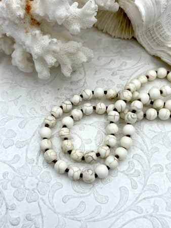 WHITE HOWLITE Hand Knotted Necklace, 36" HOWLITE, 8mm Round with Cream Thread. Fast ship