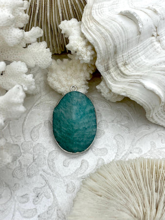 Oval Shaped Soldered Amazonite Stone Pendants, Oval Shape Stone Pendants with Silver Soldering, All Unique Natural Stones, Fast Ship.