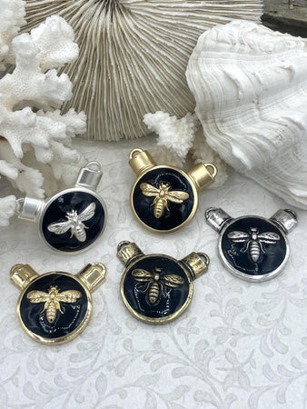 French Bee Black Enamel Pendants, Enamel and Zinc Alloy, 5 Finishes:Gold, Matte Gold, Bronze, Burnished Silver, and Matte Silver.Fast Ship.