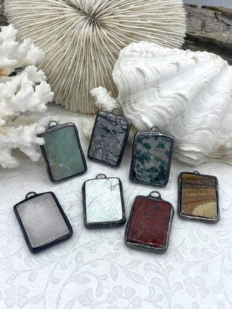 Soldered Natural Stone Pendants, Rectangle Stone Pendants with Gunmetal ,Comes in a variety of patterns, 4 Styles, Natural Stone, Fast Ship.