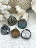 Image of Soldered Natural Stone Pendants, Round Stone Pendants with Gunmetal Soldering, Comes in 5 pattern styles, Natural Stones, Fast Ship.